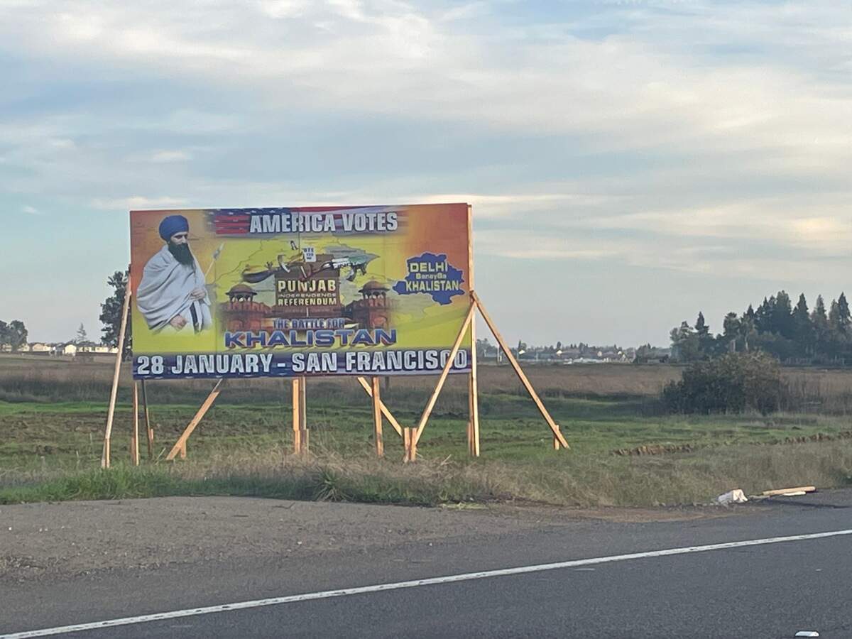 A billboard promoting the Khalistan referendum on Bradshaw Road in unincorporated Sacramento County. The billboard is about a half-mile from the Sacramento Sikh Society, the site of an explosion Tuesday, Jan. 29, 2024, which some initially feared was connected to tensions over Sikh separatism.
