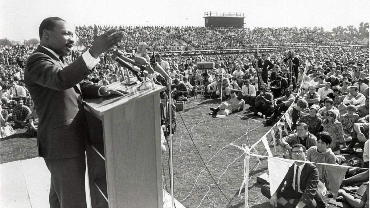 Martin Luther King Jr. speaks at Sacramento State on Oct. 16, 1967.