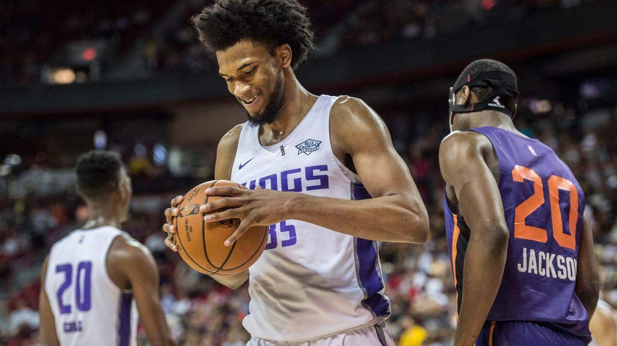 Kings rookie forward Marvin Bagley III holds the ball after his airball against the Phoenix Suns in summer league in Las Vegas on July 7, 2018.