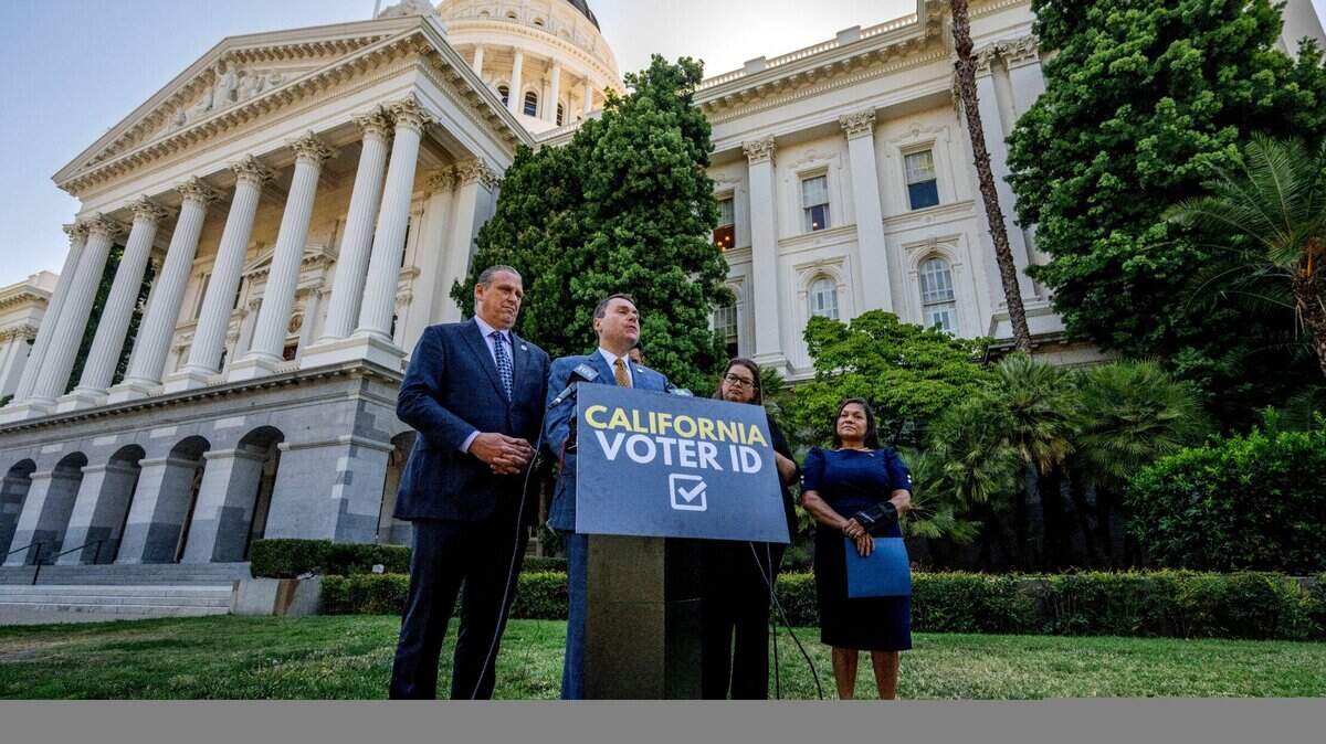 Assemblymember Carl DeMaio, R-San Diego, center, introduces a California Voter ID initiative with state Sen. Tony Strickland, R-Hungtington Beach, left, and Assembly members Heather Hadwick and Leticia Castillo on Wednesday, July 16, 2025.