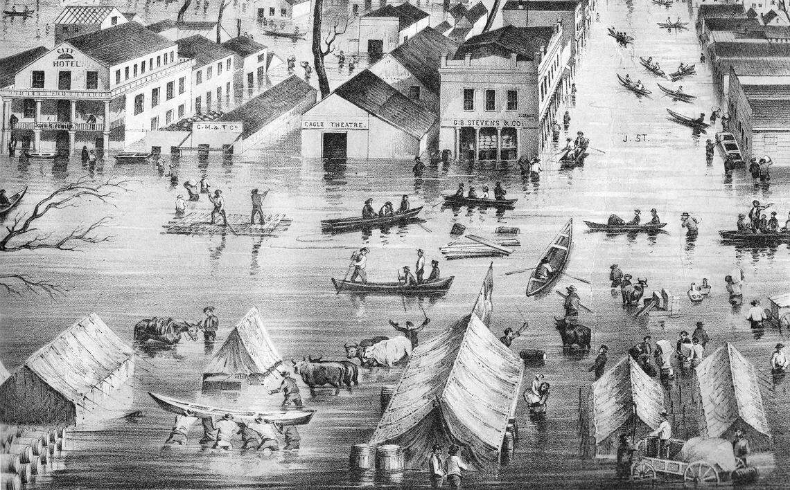 A lithograph shows the “great inundation” of Sacramento in January 1850.