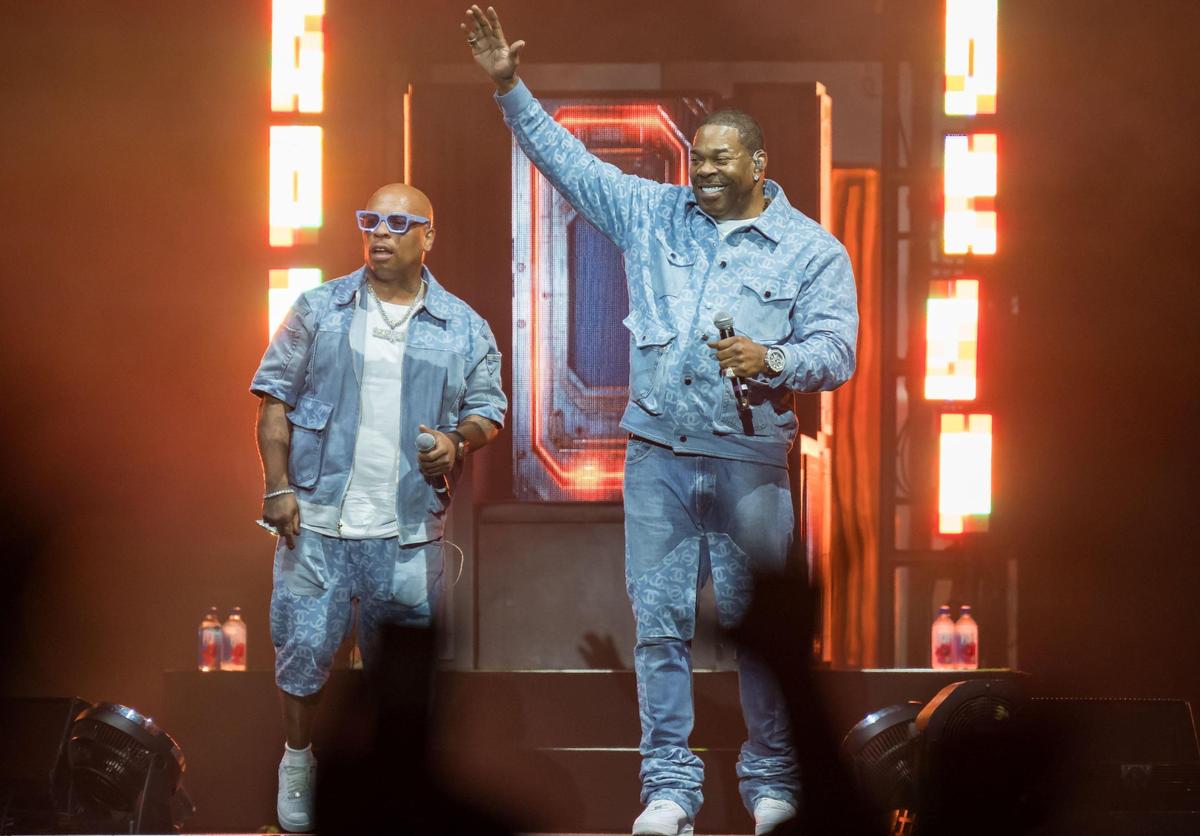 Busta Rhymes, right, accompanied by Spliff Star, performs before headliner Curtis “50 Cent” Jackson on The Final Lap Tour, also featuring Jeremih, at Golden 1 Center on Monday, Sept. 4, 2023, in Sacramento. Hype man Spliff Star