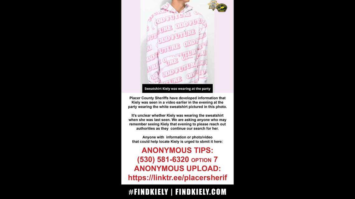 Newly obtained video showed Kiely Rodni was wearing a white sweatshirt emblazoned with the name of hip-hop band Odd Future in the hours before she vanished from a party at Prosser Family Campground, Placer County Sheriff’s officials said.