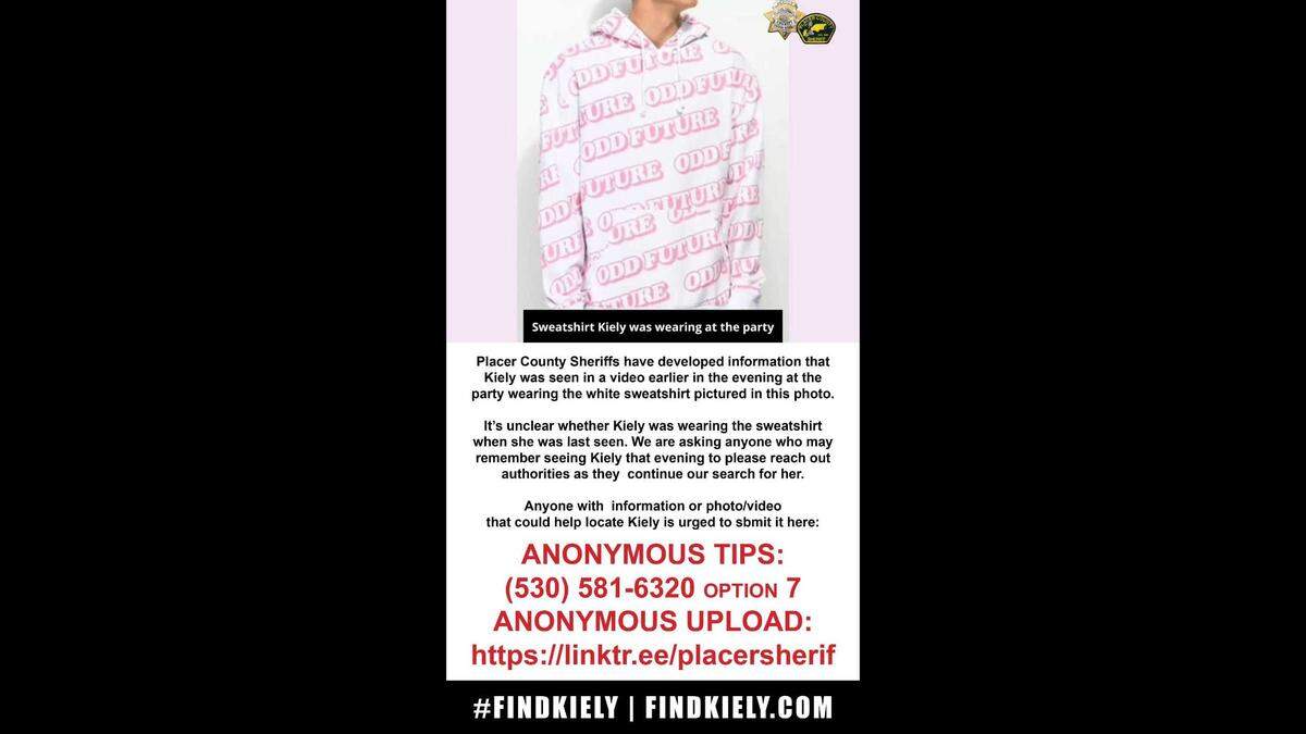 Newly obtained video showed Kiely Rodni was wearing a white sweatshirt emblazoned with the name of hip-hop band Odd Future in the hours before she vanished from a party at Prosser Family Campground, Placer County Sheriff’s officials said.