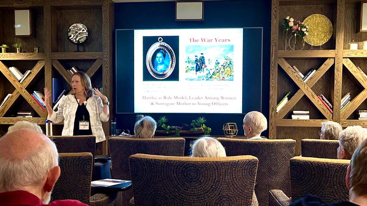 Joan Griffin, an instructor at Sierra College, explains the significance of Martha Washington to a group of residents at Sonrisa Senior Living in Roseville on July 18. Griffin teaches under the Osher Lifelong Learning Institute, an organization that offers classes to Sonrisa residents every month.