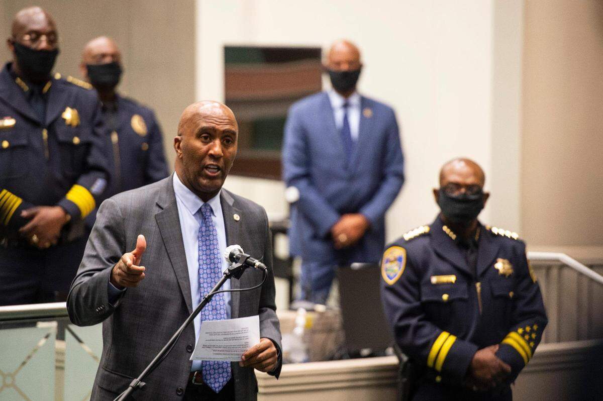 Assemblyman Jim Cooper, D-Elk Grove, introduces African American police chiefs from California cities at a press conference at the Capitol in June 2020 about race and policing. The chiefs provided recommendations on changes in policies and training.