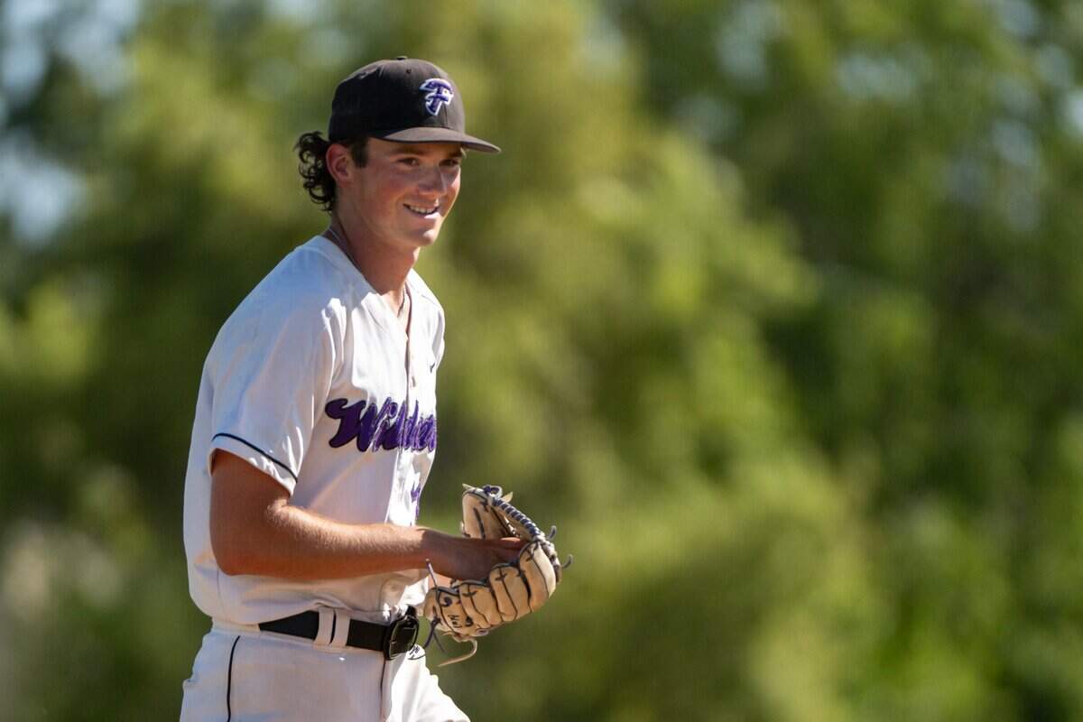 Franklin Wildcats pitcher Nic Abraham smiles as he takes the mound against Turlock Bulldogs in a CIF Sac-Joaquin Section Division l baseball quarterfinal playoff game on Thursday, May 9, 2024, at Franklin High School in Elk Grove.