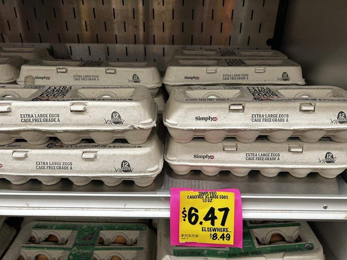 Simply brand eggs are on sale at a Grocery Outlet Bargain Market grocery store in Sacramento, California, on Tuesday, Feb. 18, 2025.