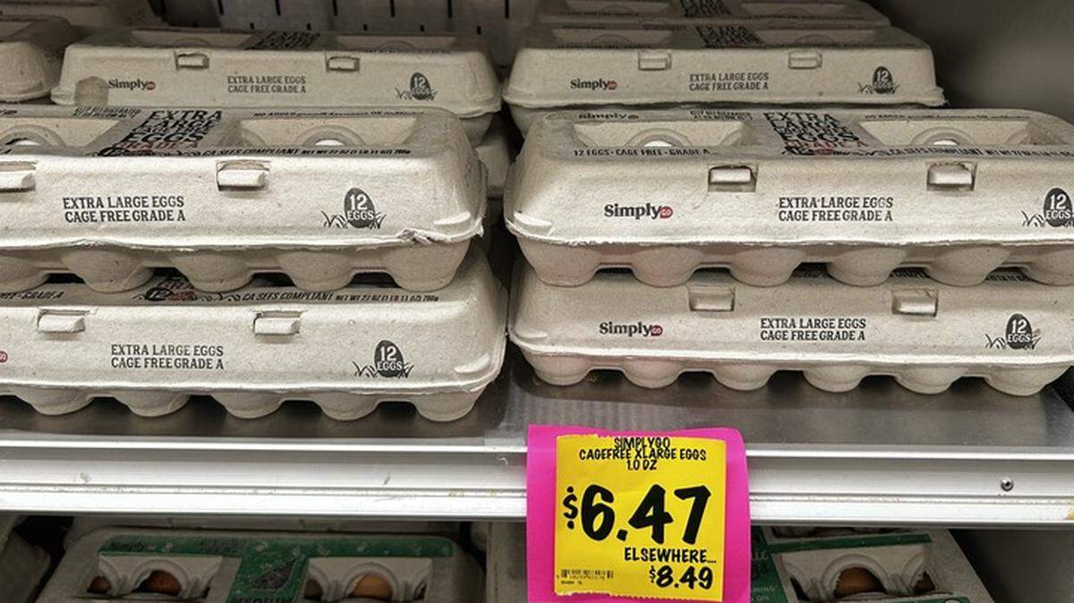 Simply brand eggs are being sold for $6.47 for a dozen at a Grocery Outlet Bargain Market grocery store in Sacramento, California, as of Tuesday, Feb. 18, 2025.