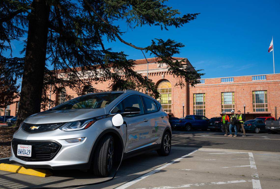 One of ZipCar’s Chevy Bolt electric vehicles charges at Sacramento Valley Station in January. The company offers a small fleet of commercial car-sharing vehicles in Sacramento, and also operates the city’s existing carshare program focused on disadvantaged communities.