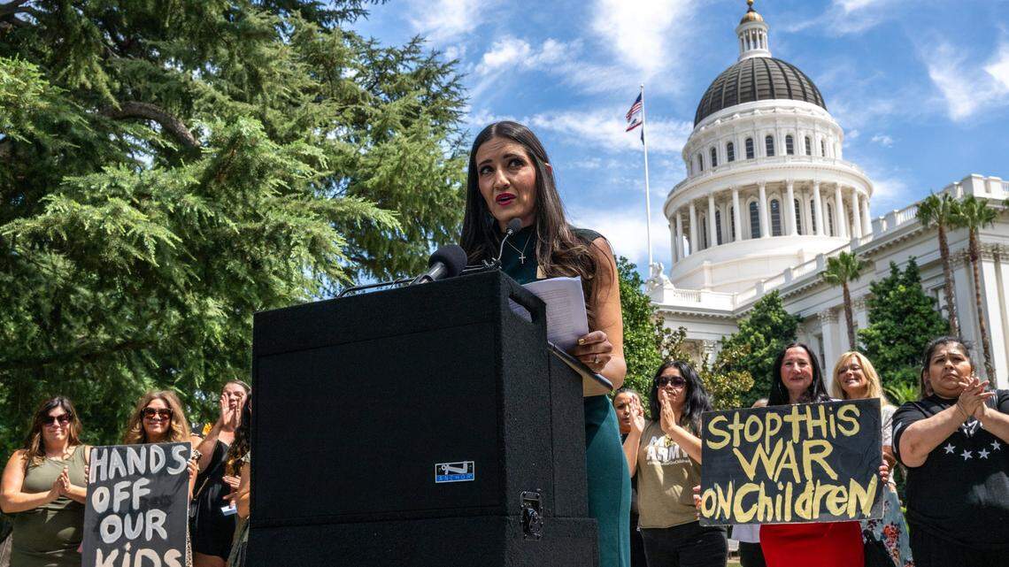 Sonja Shaw, president of Chino Valley Unified School District, at a news conference at the state Capitol on Aug. 14 to oppose a series of education bills in the Legislature that she says would infringe on parental rights and remove local control in school districts. Shaw’s board ejected state Superintendent of Public Instruction Tony Thurmond from a meeting when he attempted to speak against a policy requiring Chino Valley officials to notify parents if students come out as transgender.