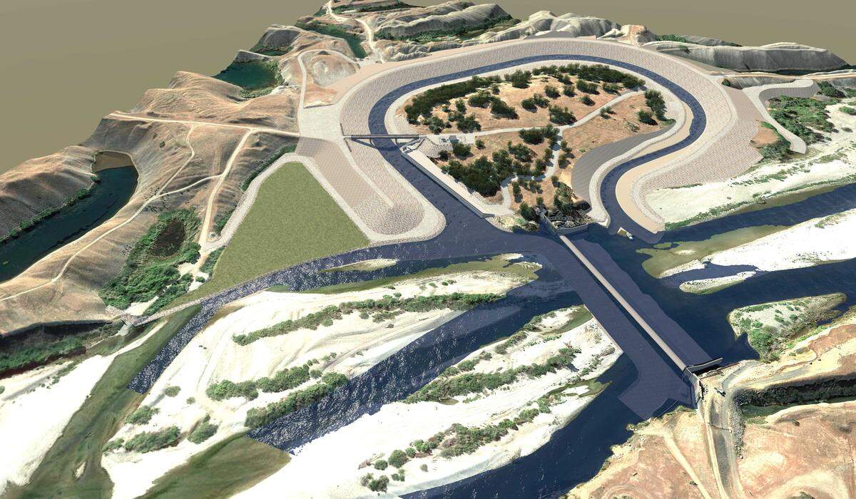 A March 2026 rendering of the Nature-like Fishway around Daguerre Point Dam on the south side of the lower Yuba River. This view shows the existing intake area, which will be restored to a seasonal floodplain and the new intake and protective fish screens on the upstream entrance of the fishway. The outer wall of the fishway is designed to be flood resilient. The bridge over the fishway is an access bridge for operations and maintenance.
