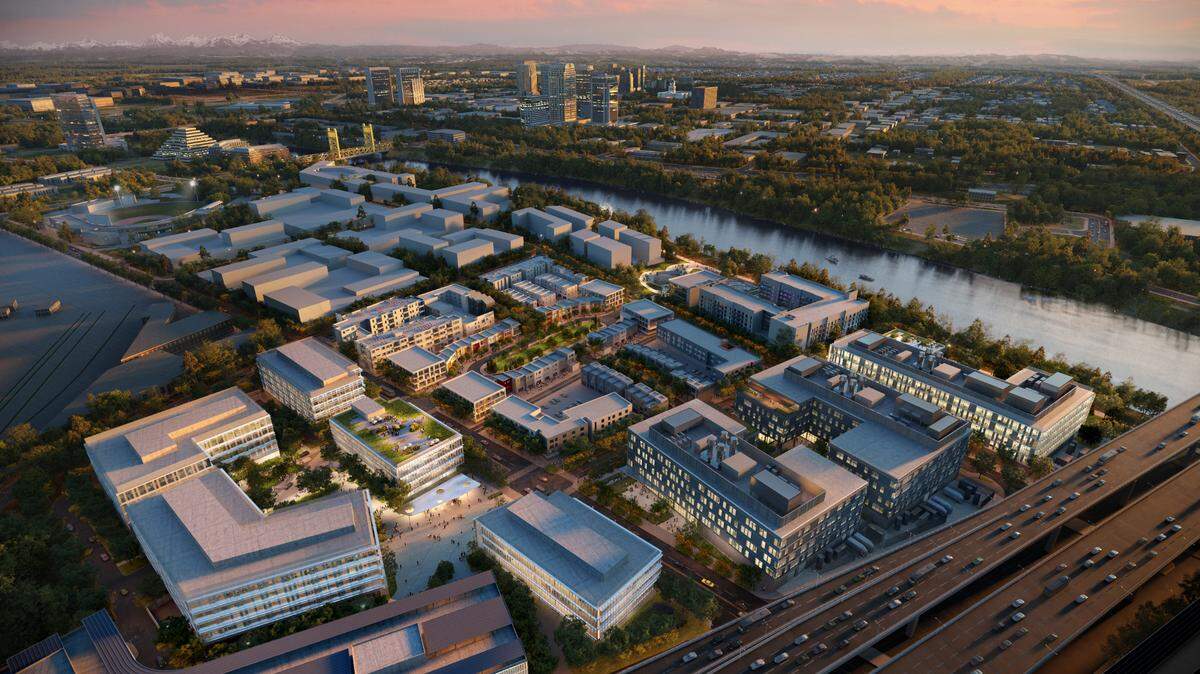 A rendering shows a West Sacramento plan to build an advanced manufacturing facility in the city’s port district on 30 acres of vacant land near Southport Parkway and Lake Washington.