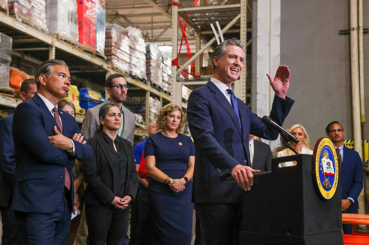 California Gov. Gavin Newsom speaks after signing bills to combat retail crime during a press conference with state and local officials at Home Depot in San Jose on Friday.