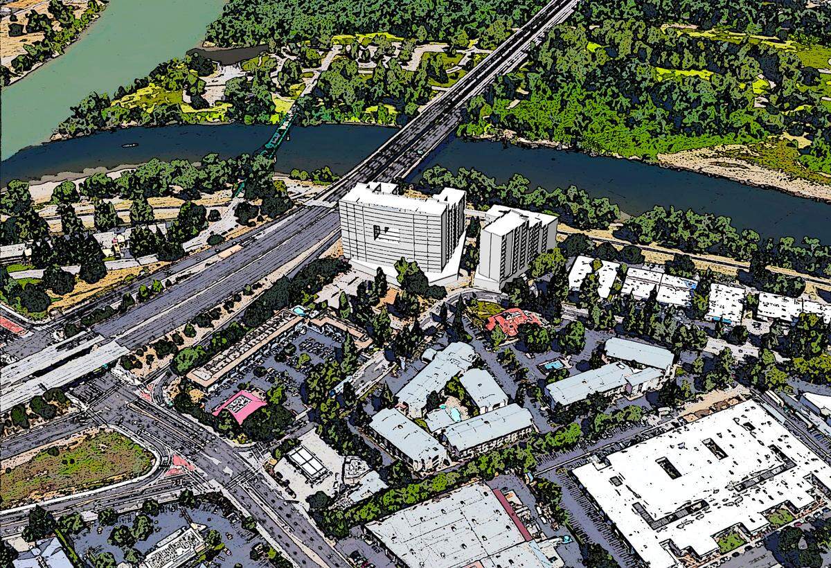 A rendering shows a planned 250-unit high end apartment complex next to the American River levee on Bercut Drive, just east of Interstate 5 on the former Rusty Duck and Hungry Hunter restaurant sites.