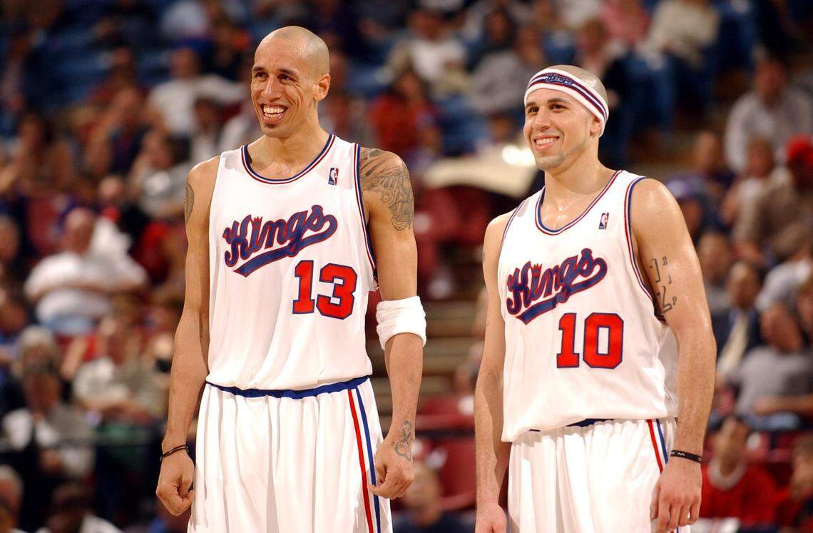 Then-Sacramento Kings players Doug Christie, left, and Mike Bibby, during a game against the Golden State Warriors at Arco Arena on March 9, 2004.