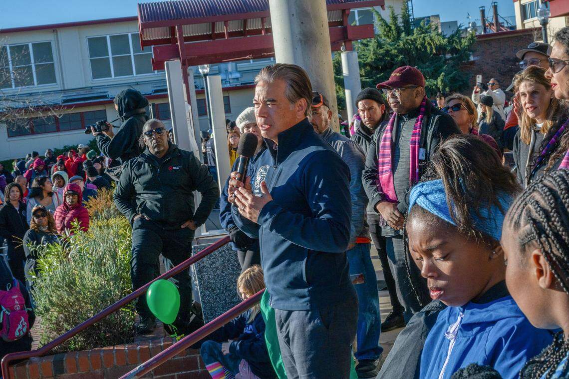 California Attorney General Rob Bonta speaks before the March for the Dream honoring Martin Luther King Jr. at Sacramento City College on Monday. “He is someone whose life and whose legacy has inspired many of us over decades over many years to fight for justice,” Bonta said about King.