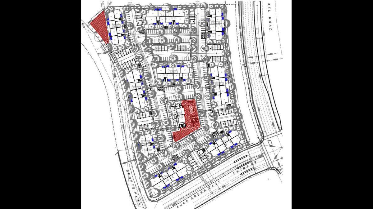 A 200-unit apartment complex called Natomas Gateway is proposed for a vacant lot near the former Sleep Train Arena. The red shading indicates a planned dog park in the top left and a swimming pool in the center.