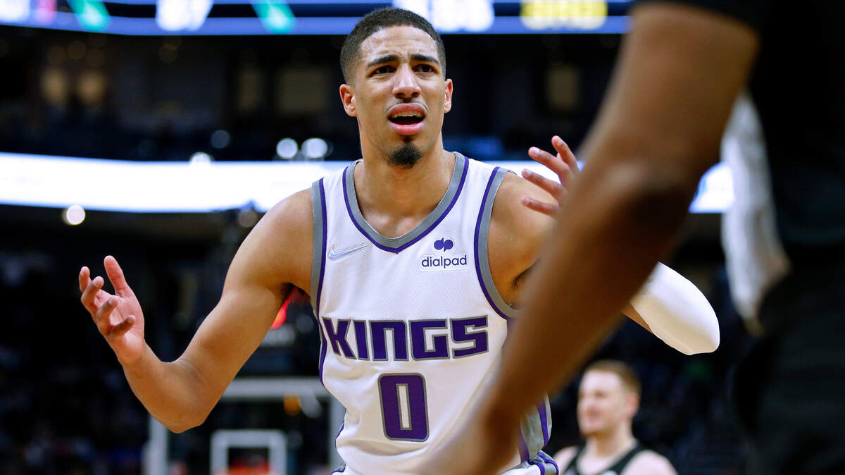 Sacramento Kings guard Tyrese Haliburton reacts to a call during a loss to the Milwaukee Bucks on Saturday, Jan. 22, 2022.