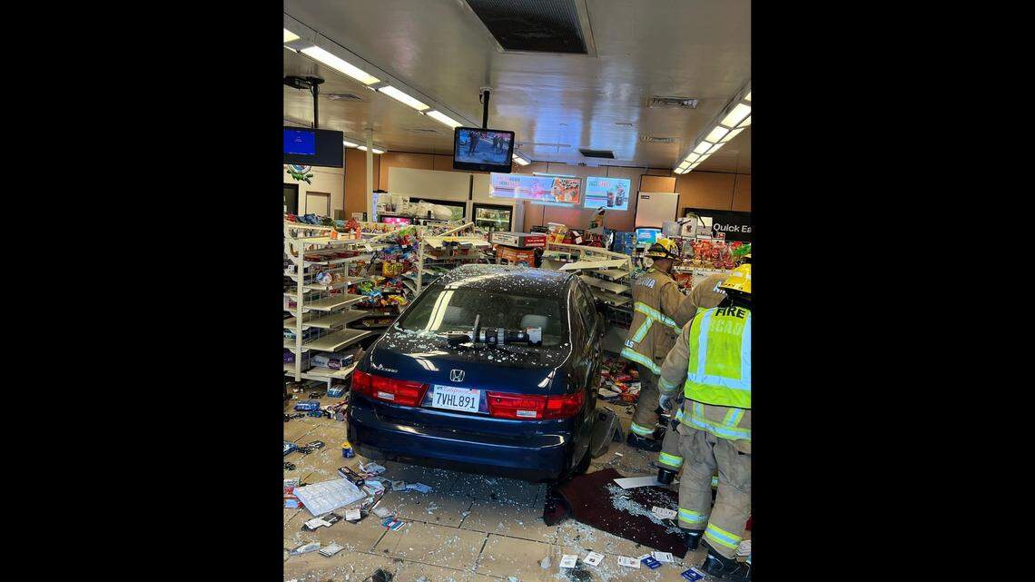 A man intentionally plowed his car into a 7-Eleven after throwing merchandise at employees, California police said.&nbsp;