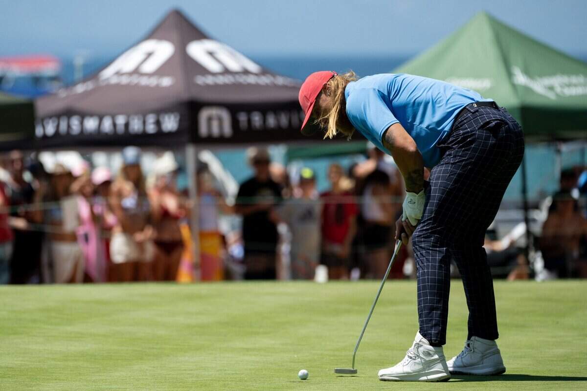 The San Francisco 49ers’ George Kittle misses his putt on the 17th green during the American Century Championship celebrity golf tournament at Edgewood Tahoe Resort in Stateline, Nev., on Friday, July 11, 2025.