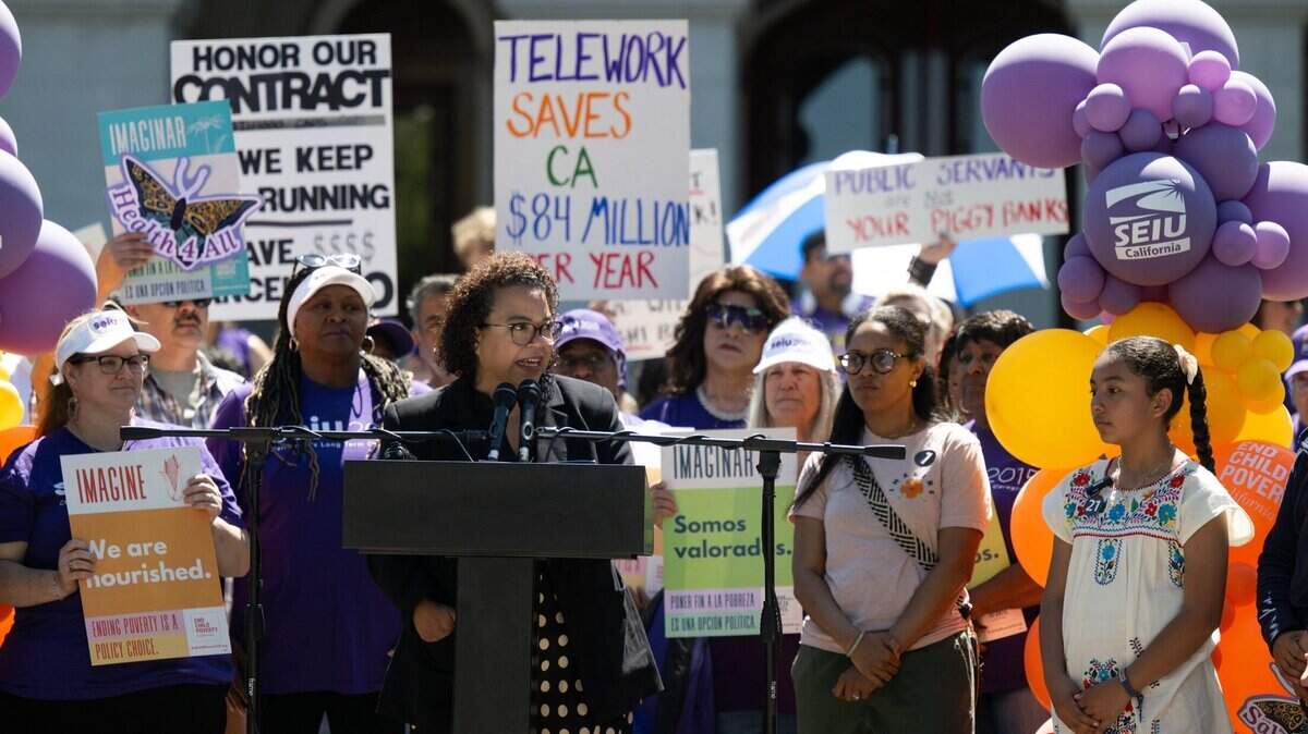 Assemblymember Mia Bonta, D-Alameda, speaks during a rally with state worker unions, including AFSCME and SEIU, against proposed budget cuts for social services at the state Capitol on Wednesday, May 21, 2025.