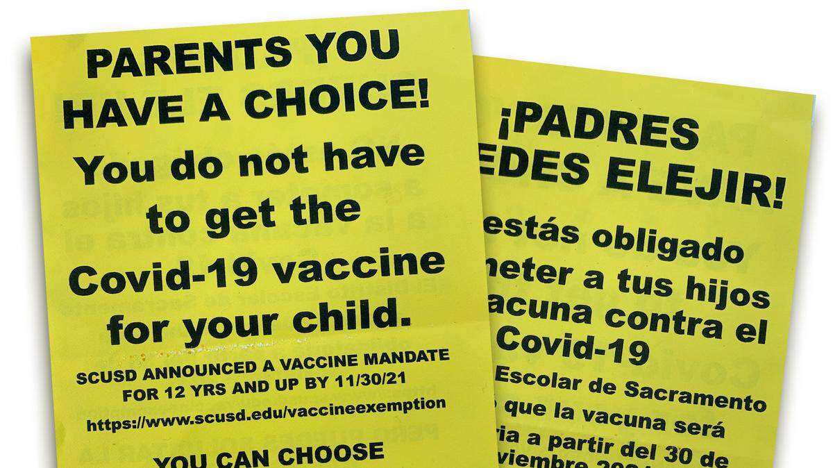 Leaflets in English and Spanish found on cars in Sacramento in early November 2021 urged parents to reconsider vaccinating their children against COVID-19.