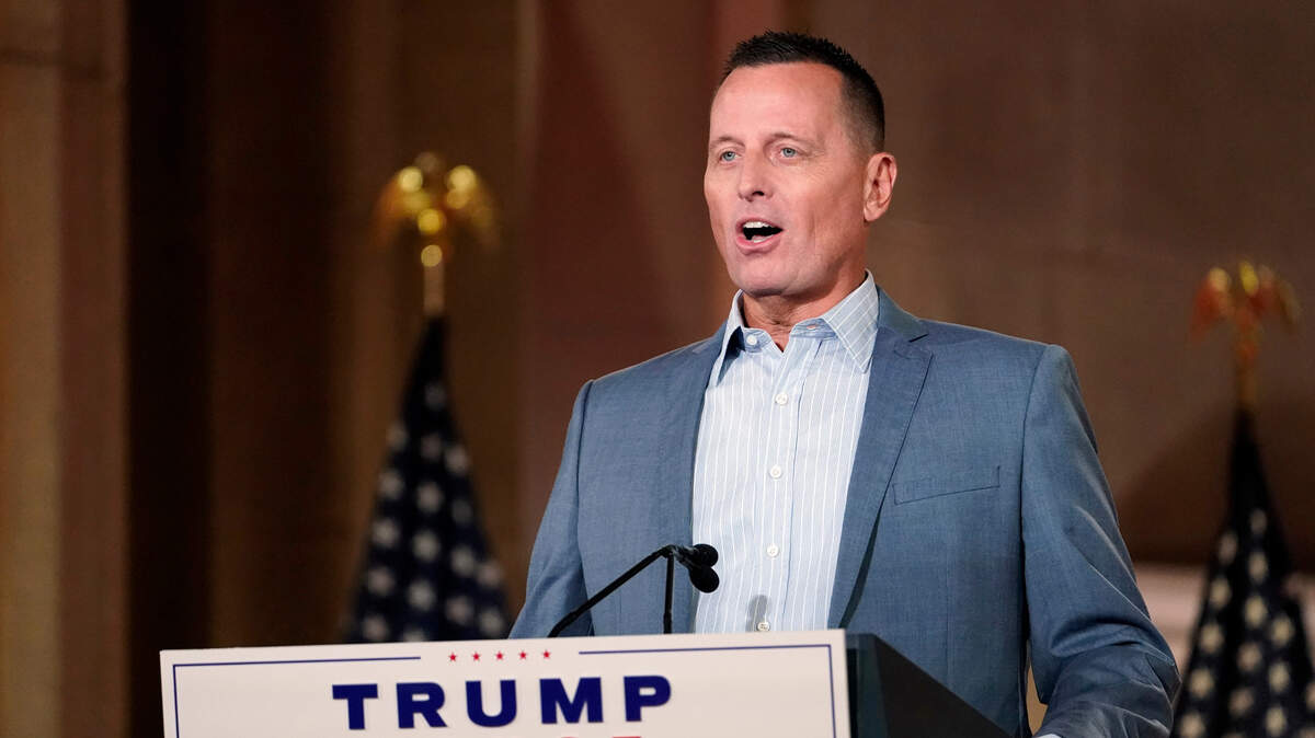 Former acting Director of National Intelligence Richard Grenell tapes his speech for the third day of the Republican National Convention from the Andrew W. Mellon Auditorium in Washington, Wednesday, Aug. 26, 2020. (AP Photo/Susan Walsh)