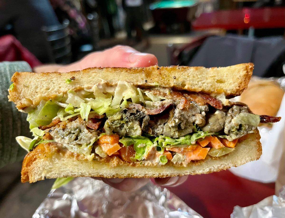 Timmy’s Brown Bag makes eclectic sandwiches such as this riff on Placerville’s Hangtown Fry.