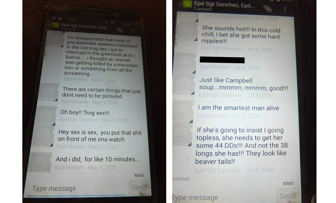 Photos of the Eureka Police Department’s group message thread show vulgar comments about women and homeless people. The Bee has obscured the name of the woman discussed in the thread at right.