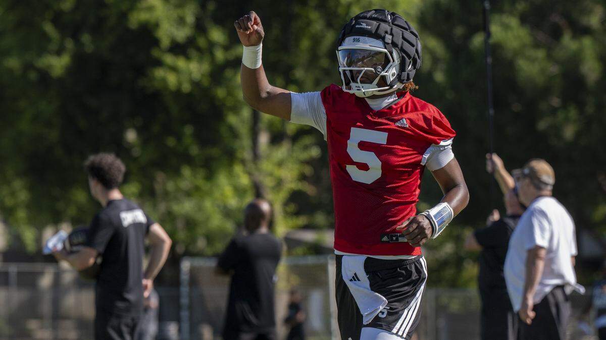 Quarterback Jaden Rashada (5) jogs off the field during the first practice of the season for the 2025 Sacramento State football team on Friday, August 1, 2025 in Sacramento.