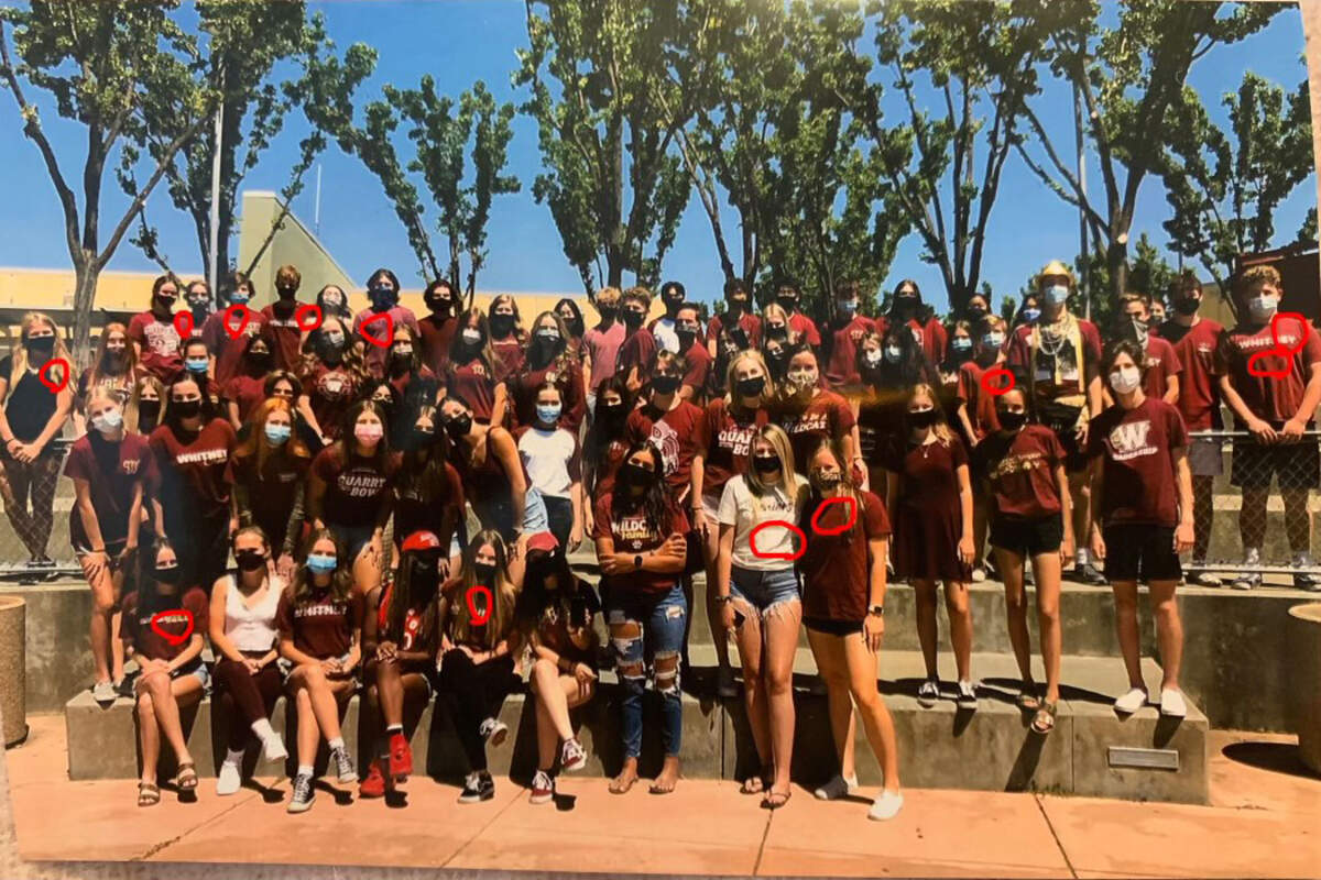 In this digitally altered version of a photo of student leaders at Whitney High School that was distributed by the school, alterations removing stickers and pins for two student organizations – including conservative club Turning Point USA – have been circled in red.&nbsp;