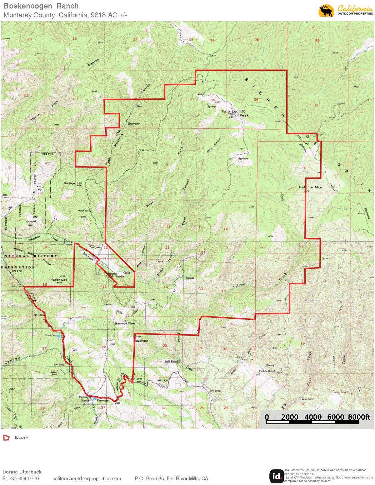 A map shows the property line for a ranch for sale in the Carmel Valley of California that includes the highest peak in the Sierra de Salinas range.