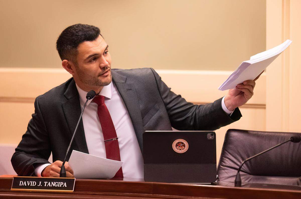 Assemblyman David Tangipa, R-Fresno, hands out a proposed amendment during an Assembly Elections Committee hearing at the state Capitol on Aug. 19. 