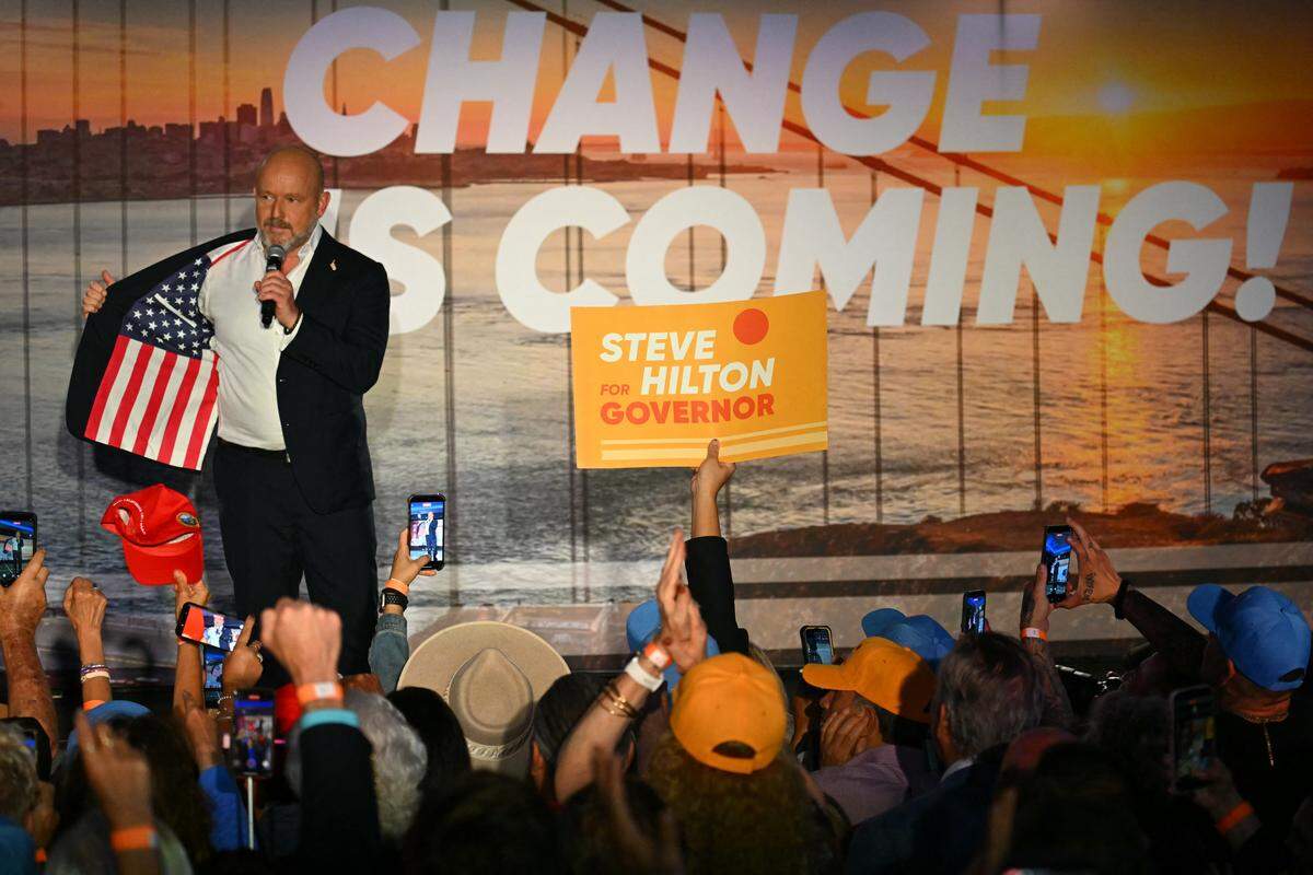 Republican California Gubernatorial candidate Steve Hilton speaks during an election night event in Huntington Beach, California, on June 2, 2026. Californians go to the polls Tuesday in the first round of voting for a new governor, with a tight three-way race for two run-off spots, while people in Los Angeles will also be voting for a new mayor. The state's so-called "jungle primary" pits all comers against each other -- regardless of party -- with the top two vote-getters advancing to the November general election to replace term-limited Governor Gavin Newsom. (Photo by Patrick T. Fallon / AFP via Getty Images)
