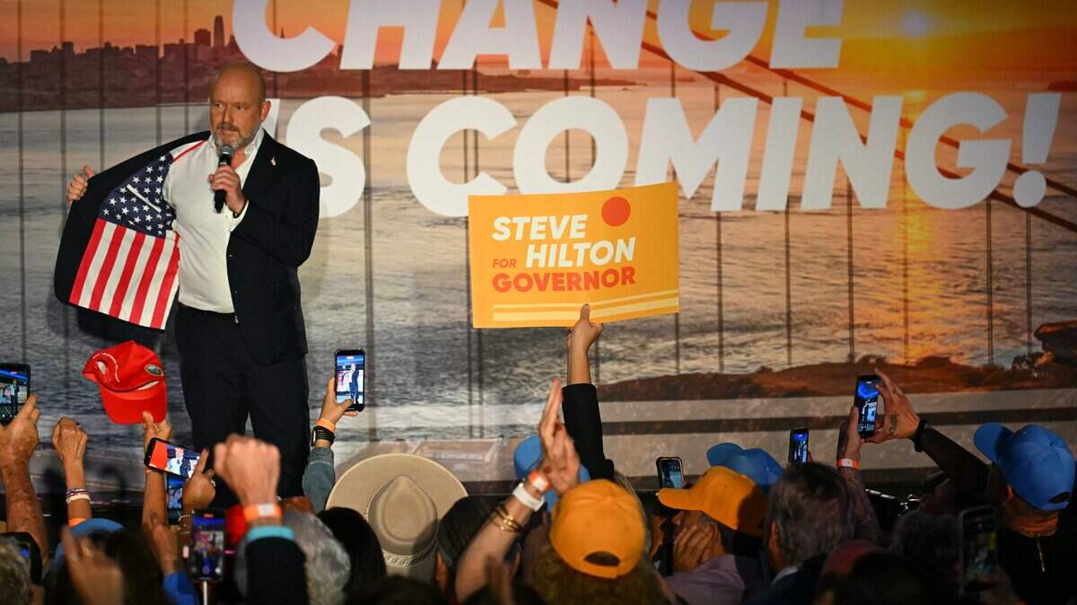 Republican California Gubernatorial candidate Steve Hilton speaks during an election night event in Huntington Beach on June 2, 2026.