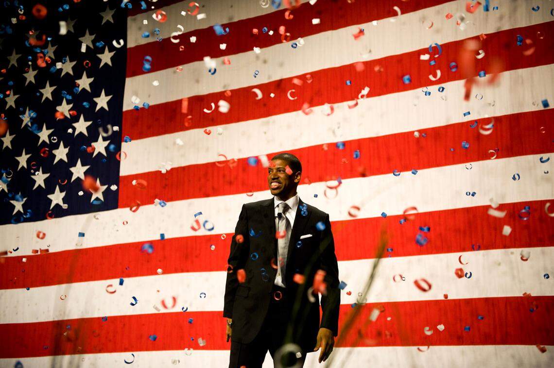 Confetti falls at the conclusion of Sacramento Mayor Kevin Johnson’s swearing-in ceremony at Memorial Auditorium on Nov. 25, 2008. Johnson is the city’s first Black mayor.