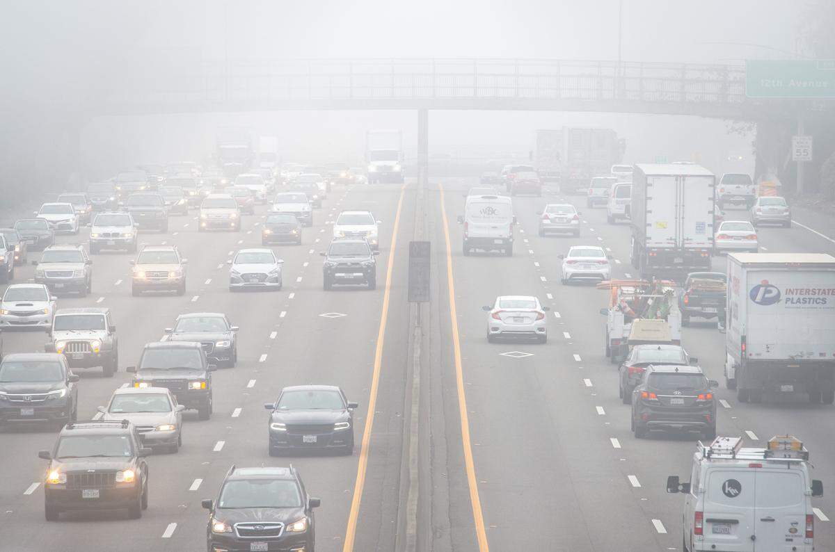Fog permeates the Sacramento region during morning commute hours Tuesday, Jan. 7, 2020, as seen looking southbound on Highway 99 from the 5th Avenue overpass.