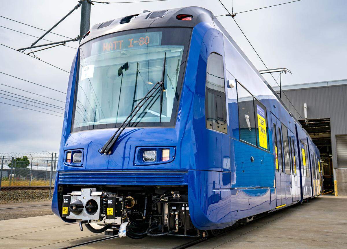 One of Sacramento Regional Transit’s new low-floor trains is demonstrated to the media at SacRT’s heavy rail facility on Wednesday, May 3, 2023. SacRT has purchased 28 of the new trains, and has the option to buy more if funding is available.