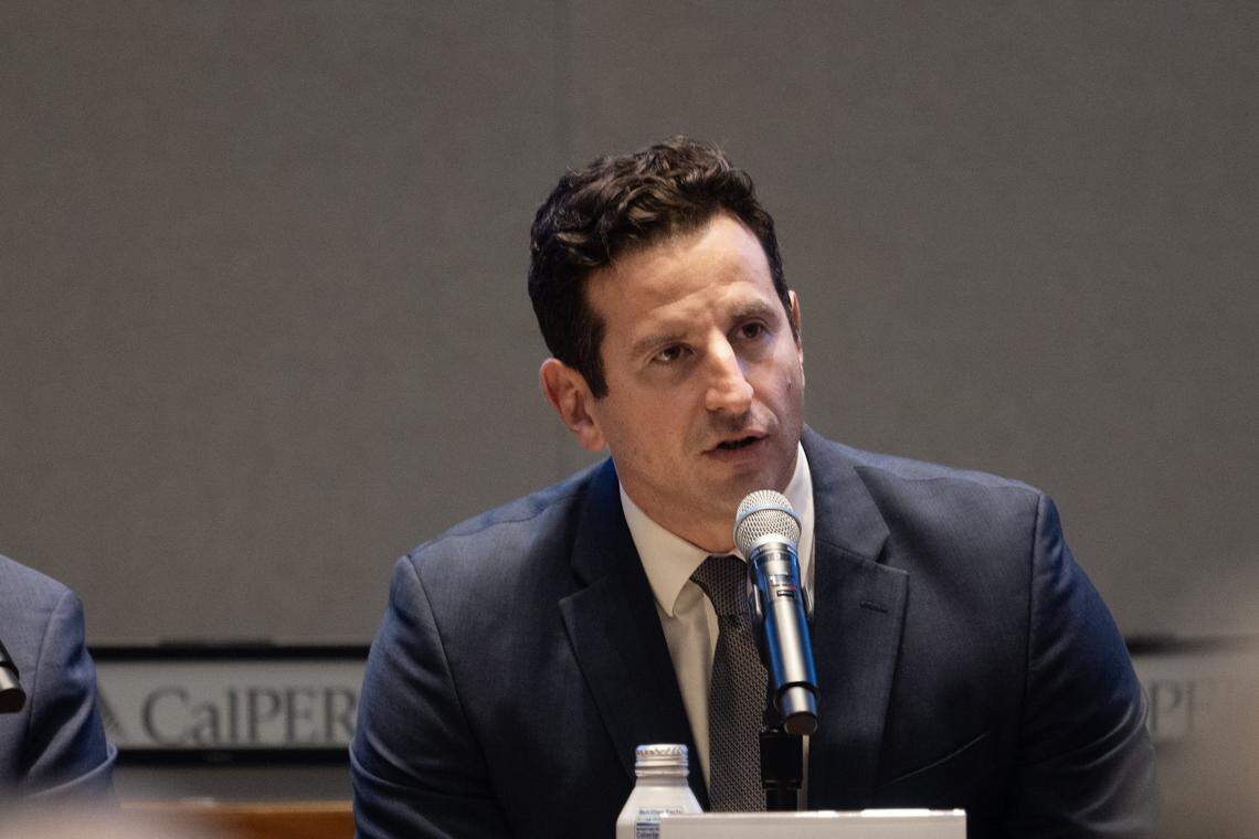 Candidate Dominick Bei answers a question during a CalPERS board candidate forum at CalPERS headquarters in Sacramento on Wednesday.