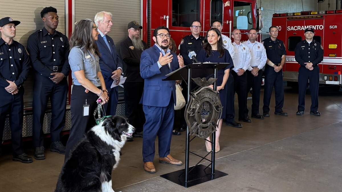 Councilmember Eric Guerra speaks during a fireworks safety news conference Tuesday, June 23, 2026, at Fire Station 20 in Old North Sacramento. City officials urged residents to use only state-approved “Safe and Sane” fireworks and warned of increased enforcement ahead of the Fourth of July.