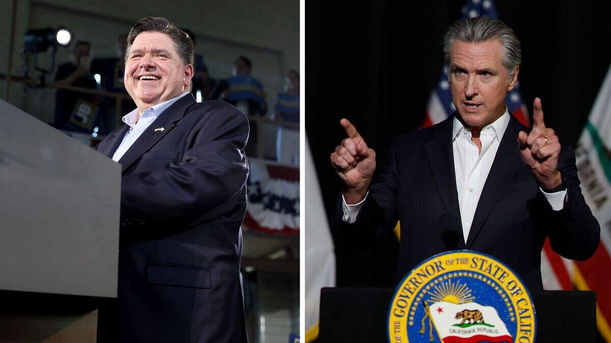 Left: Illinois Gov. JB Pritzker speaks during a rally to kick off his reelection campaign for a third term as governor. Right: California Gov. Gavin Newsom speaks to reporters. Illinois and California face parallel decline under one-party dominance, with GOP disarray and weakened accountability threatening local democracy.