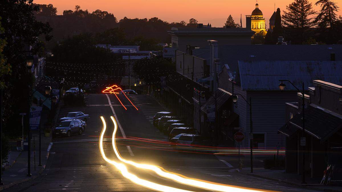 Auburn’s historic courthouse shines above a dark downtown after PG&E turned off power to prevent fires earlier this month.