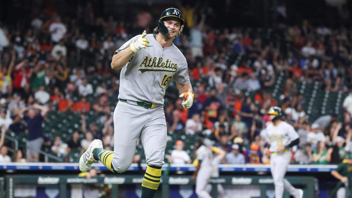 Athletics designated hitter Nick Kurtz celebrates after hitting his fourth home run of the game during the ninth inning Friday against the Houston Astros at Daikin Park in Houston.