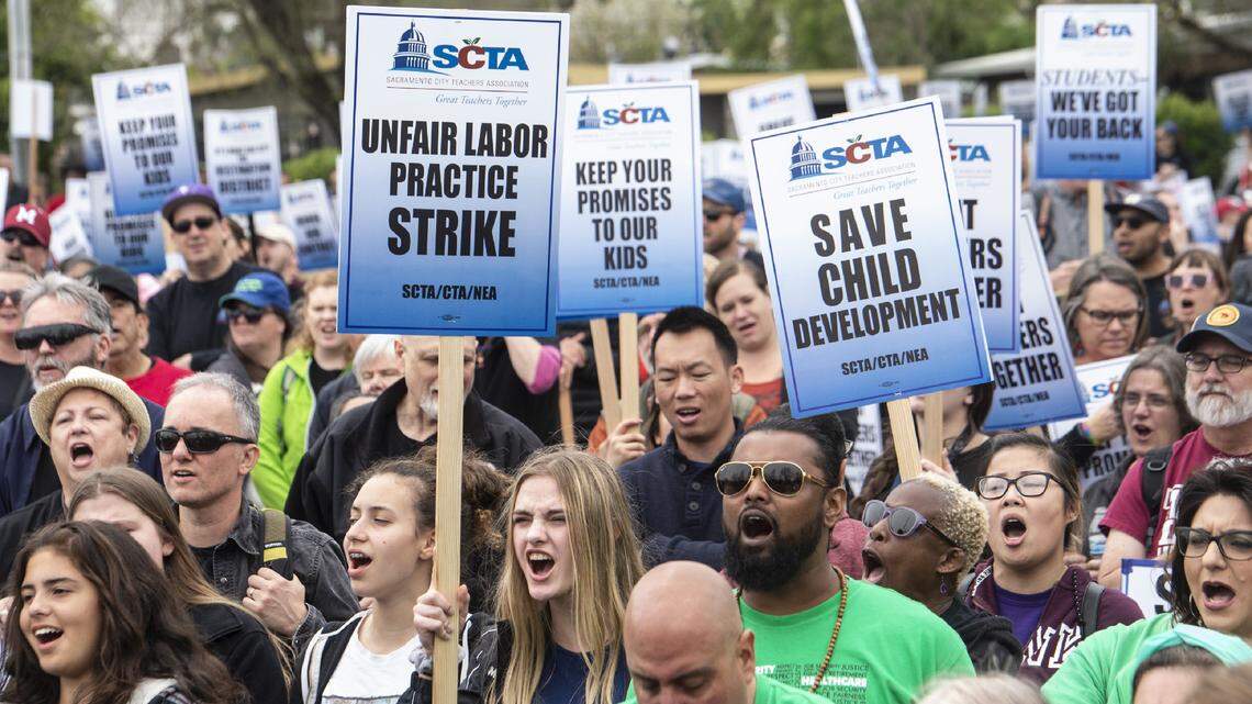 Students and teachers take part in a Sacramento teacher strike in 2019.
