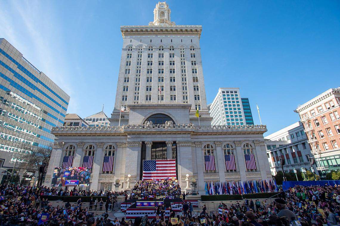 Kamala Harris launches her 2020 presidential campaign at Frank H. Ogawa Plaza on Jan. 27, 2019, in Oakland.