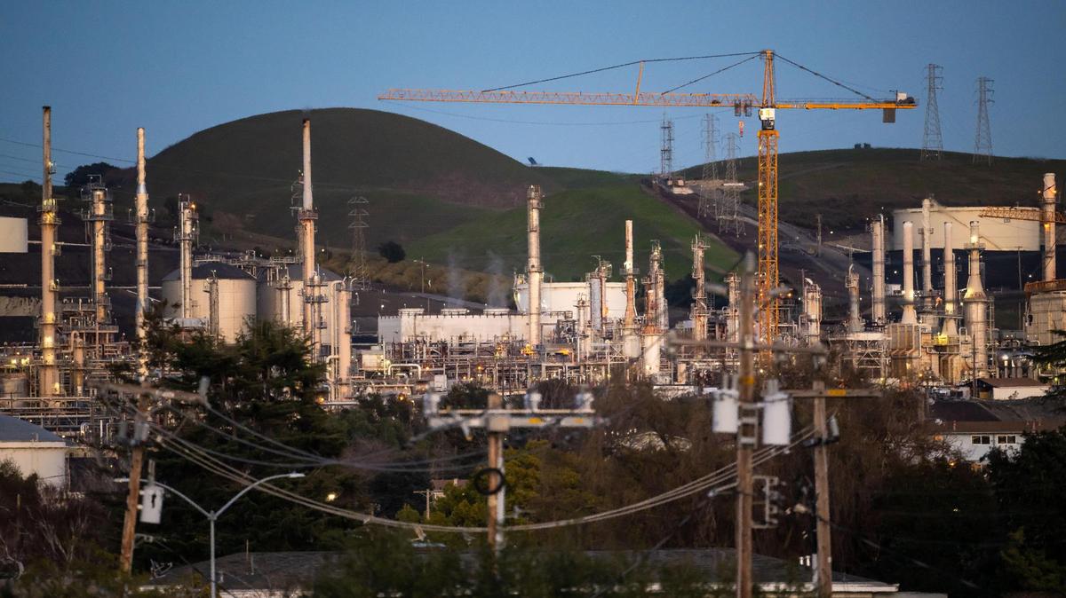 Construction is underway at the Phillips 66 refinery in Contra Costa County in 2023. A bill introduced by San Francisco Sen. Scott Wiener would require companies with more than $1 billion in revenue to publicly state their annual carbon emission outputs.