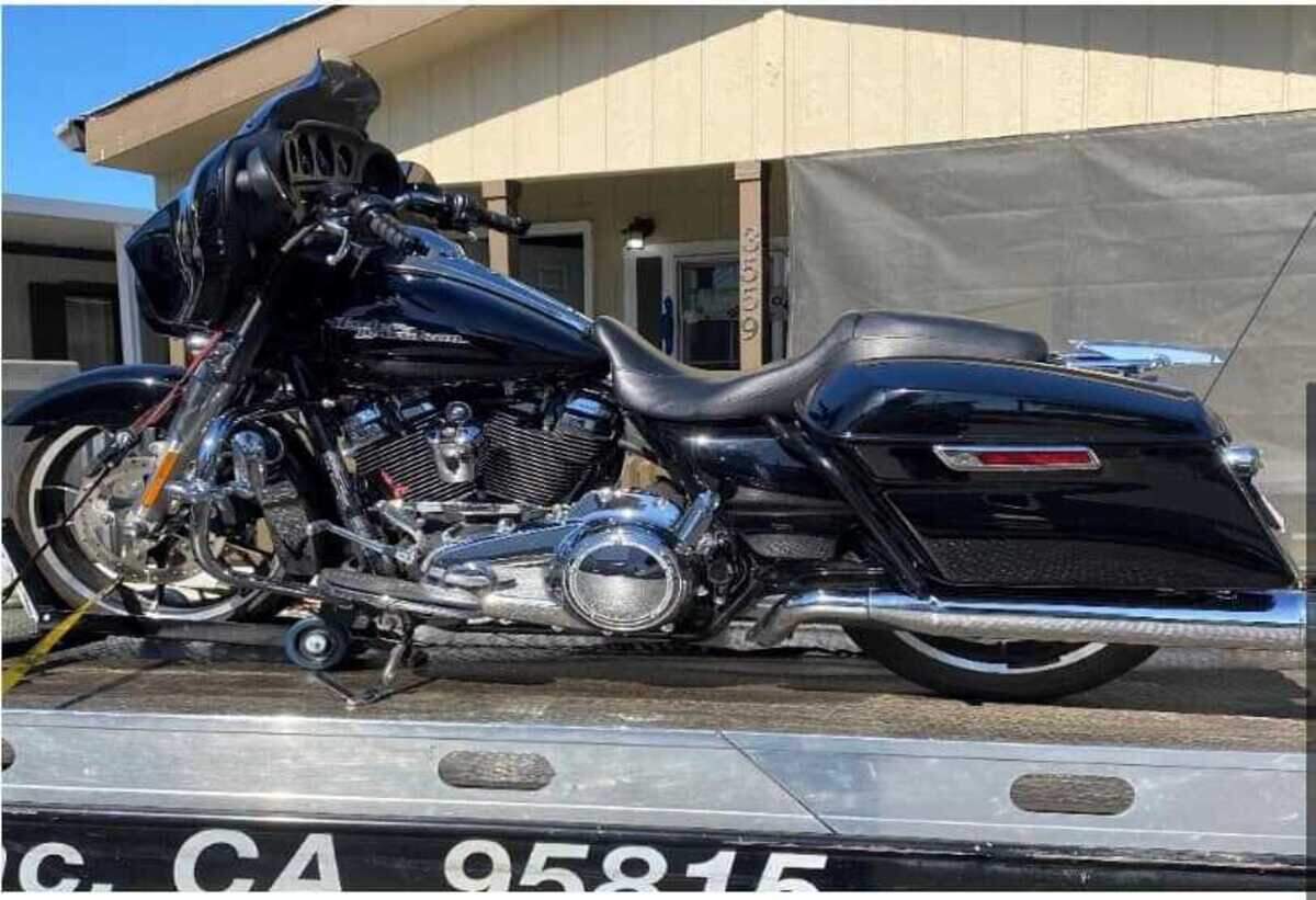 The stolen Harley Davidson motorcycle seized by police in Sacramento County storage unit on June 30, 2022.