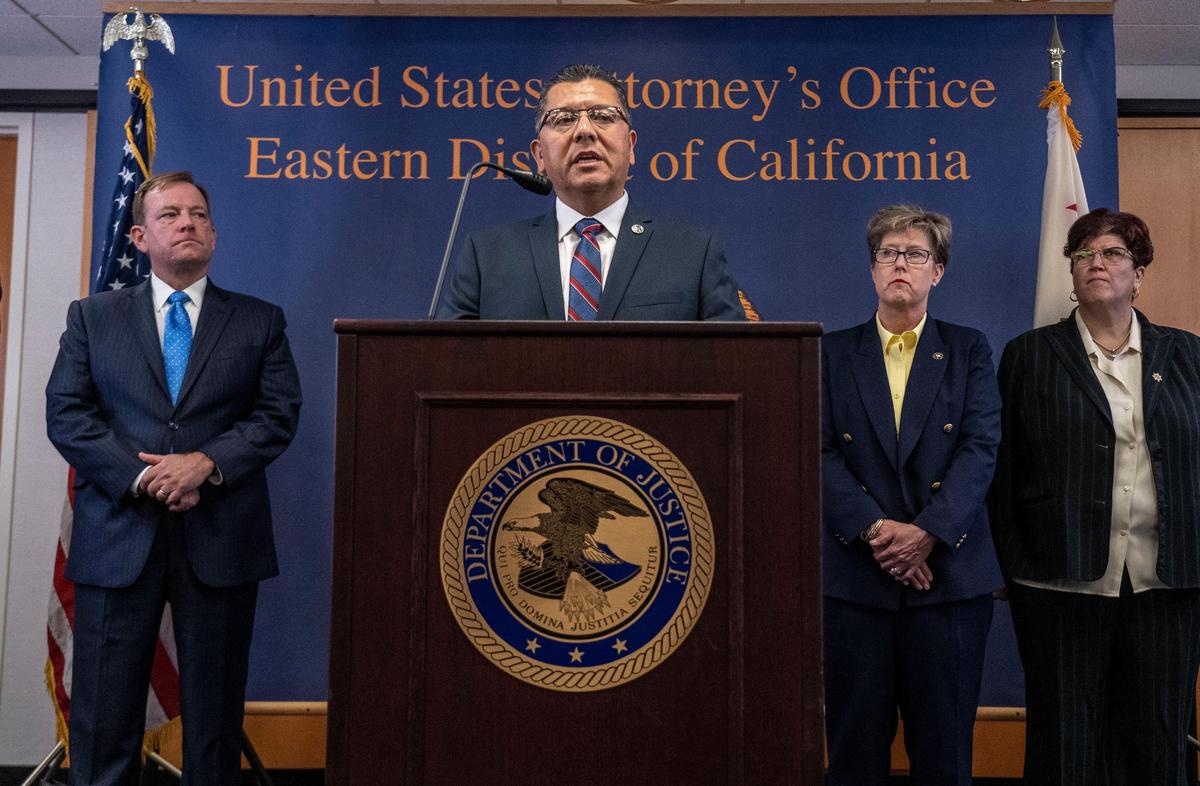 Ralph Diaz, secretary of the California Department of Corrections and Rehabilitation, answers questions from the press on Thursday, June 6, 2019, after U.S. Attorney McGregor Scott announced federal law enforcement officials in Sacramento have struck a blow at the leadership of the Aryan Brotherhood prison gang, outlining an alleged conspiracy among inmates in California state prisons to order murders, oversee narcotics sales and arrange for the smuggling of numerous cell phones to prisoners.