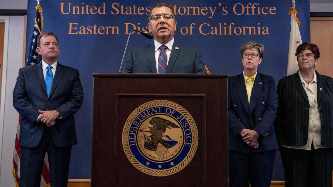 Ralph Diaz, secretary of the California Department of Corrections and Rehabilitation, answers questions from the press after U.S. Attorney McGregor Scott announced Federal law enforcement officials in Sacramento have struck a blow at the leadership of the Aryan Brotherhood prison gang, outlining an alleged conspiracy among inmates in California state prisons to order murders, oversee narcotics sales and arrange for the smuggling of numerous cell phones to prisoners on Thursday, June 6, 2019 in federal court in Sacramento.